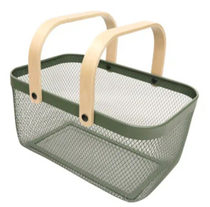 Mesh Basket Bamboo Handle Green
