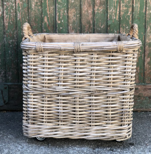 Lighting: Large Lined Cane Basket on Wheels
