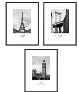 Wall Art: Paris, New York and London Prints Set of 3 - 30x40cm