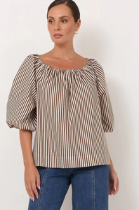 Womens Clothing: Kelsey Stripe Off Shoulder Top ( Chocolate )