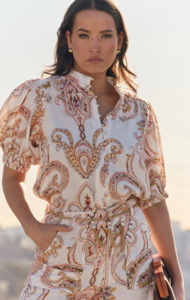 Lilian Short Sleeve Linen Top  (Print )