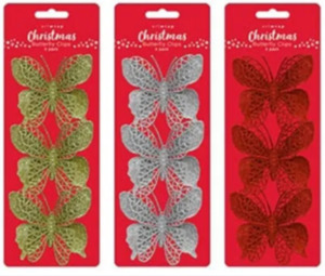 All Things Christmas: Christmas Tree Butterfly Decoration 3pc (Assortment)