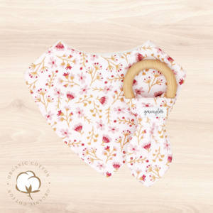 Gift Range Bib Teething Ring: Organic Spriggy Floral Dribble Bib & Spriggy Floral Teething Ring