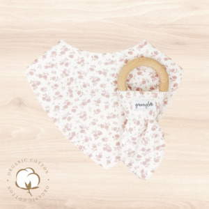Gift Range Bib Teething Ring: Organic Baby Floral Dribble Bib & Baby Floral Teething Ring