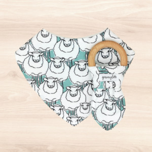 Gift Range Bib Teething Ring: Flock of Sheep Dribble Bib & Flock of Sheep Teething Ring