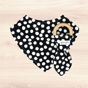 All: Midnight Polka Dot Dribble Bib & Midnight Polka Dot Teething Ring