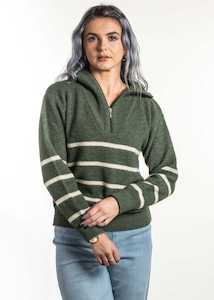 Women Possum Merino: Striped Zip Jumper Koru