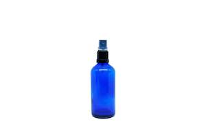 Glass Bottles: 250 mL Blue glass bottle with black fine mist spray top