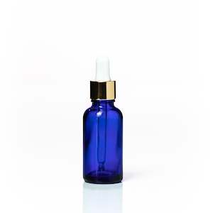 Glass Bottles: 30ml Blue Glass bottle – with Tamper Gold Dropper