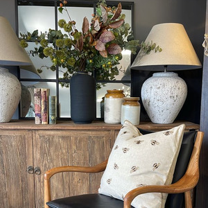 Lighting Lamps: Tuscan Stone Lampbase + Linen Shade - Large