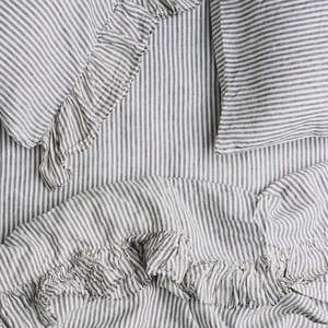 SOW charcoal stripe linen flat sheet with ruffle