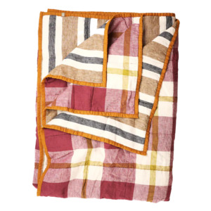Blankets Quilts: SOW taupe stripe & plum check double sided linen quilt 160 x 240cm