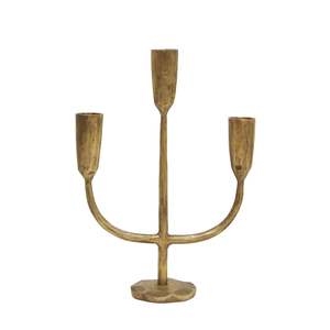 Living: Cast iron 3-prong candle stand matt brass