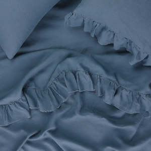 Bedroom: SOW linen flat sheet with ruffle blue jean