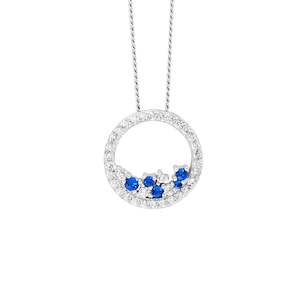 Silver Necklace: Ellani Open Circle Necklace with Clear & Blue CZ
