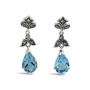 Esse Marcasite Jewellery: Esse Blue Topaz Pear Shaped Stud Drop Earrings