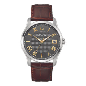 Bulova: Bulova Gents Steel Watch with Brown Leather