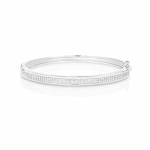 Bracelets Bangles: Silver Double Row CZ Hinged Bangle