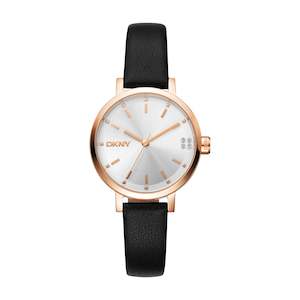 Ladies Watches: DKNY Midi Rose Gold Watch with Black Leather Strap