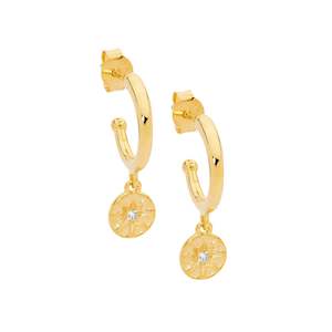 Silver Earrings: Ellani Gold Hoop with Star Disk Drop Earrings