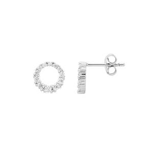 Silver Earrings: Ellani Silver CZ 9mm Circle Stud Earrings