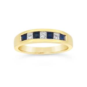 Coloured Gem Rings: Diamond & Sapphire Princess Cut Channel Set Ring