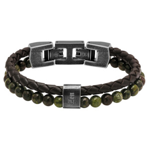 Bracelets Bangles: Rochet Brown Leather & Green Beads Bracelet