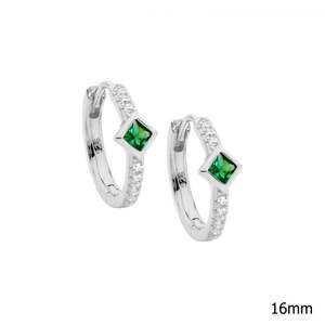 Ellani Huggie Earrings Green & Clear CZ