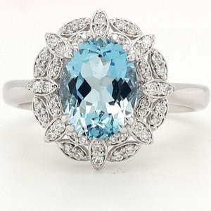 Coloured Gem Rings: 18ct White Gold Aquamarine & Diamond Ring