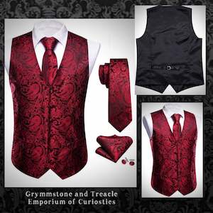 Brocade Waistcoat Set with Tie, Cufflinks and Pocket Square in Carmine Red on Bl&hellip;