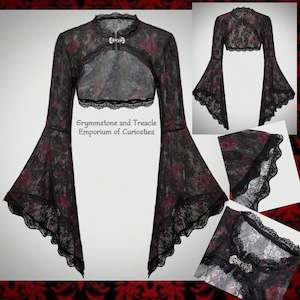 Dark Romance: Cybele Dark Garden Bell-Sleeve Bolero with Lace Trim - Size 12 to 14