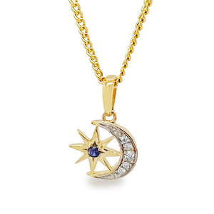 9ct yellow gold moon and star created sapphire pendant on gold plated chain
