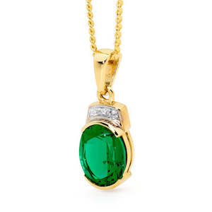 9ct yellow gold created emerald & diamond pendant