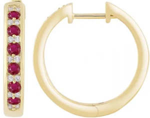 Gemstone Earrings: 9ct Yellow Gold 0.10ct Diamond and Ruby set Huggies