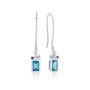 Gemstone Earrings: 9ct White Gold Blue Topaz and Diamond drops