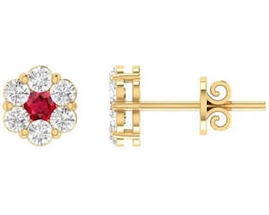 Gemstone Earrings: 9ct Yellow Gold Ruby and Diamond Cluster Studs
