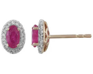 Gemstone Earrings: 9ct Yellow Gold Oval Ruby and Diamond Cluster Studs.