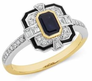 9ct Sapphire & Diamond & Black Enamel Dress Ring