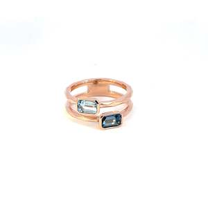 Rose Gold Rings: 9ct rose gold London blue and blue topaz emerald cut duo ring