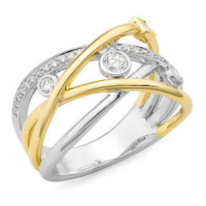 Wide 4 row 9ct Yellow & White Gold Diamond set band