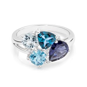 Multi Blue Stone & Diamond Ring in 9ct White Gold