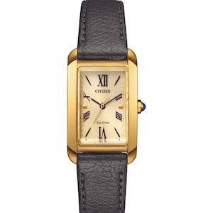 Citizen Eco Drive: Ladies Citizen Eco-drive gold with roman numerals & brown leather strap
