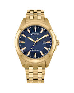 Citizen Eco Drive: Gold plated stainless steel Eco-Drive with a blue dial, batons & date.