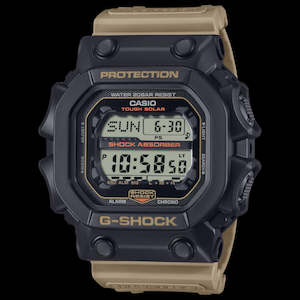 G Shock: Digital G-Shock two-tone solar watch 200m with a black case and brown resin band