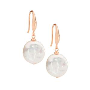 12mm freshwater coin pearl earrings with sterling silver and rose gold plating.