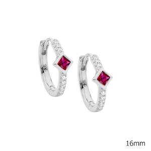 Plated Earrings: 16mm hoop earrings set with Red princess and round cut cubic zirconias.