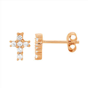 Plated Earrings: Sterling Sliver Rose Gold Plate CZ Set Cross Studs
