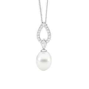 Pearl Strands: Sterling Silver CZ Open Drop Pendant with Freshwater Pearl and Chain