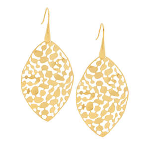 Fashion Earrings: Stainless Steel Yellow Gold Plated 50mm Leaf Drops on Hooks Diamond Cut.