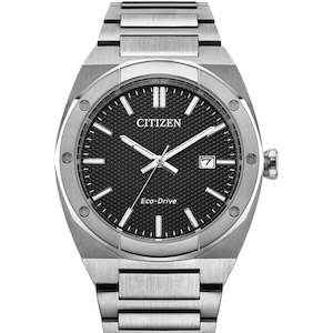 Stainless steel Citizen Eco-Drive black textured dial & date